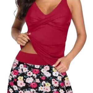 Talisea 2 Piece Tankini Swimsuit Red and Black Floral, Women's Size M